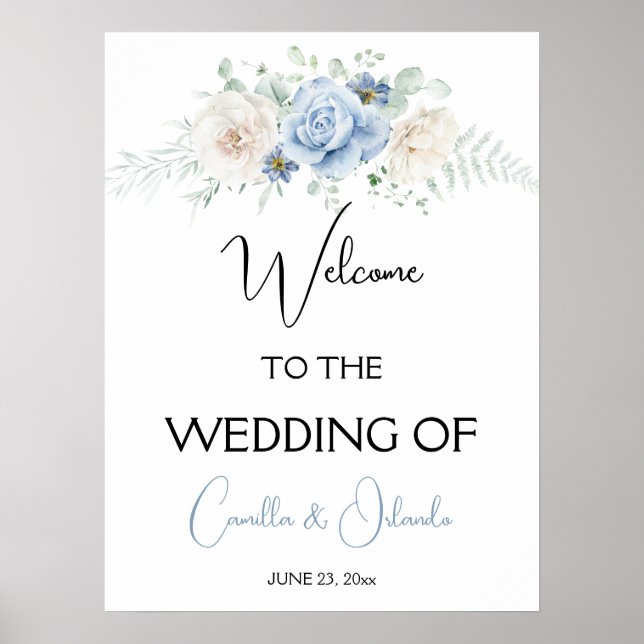 Poster Floral Azul e Branco Bem-vindo ao Nosso Casamento (Frente)