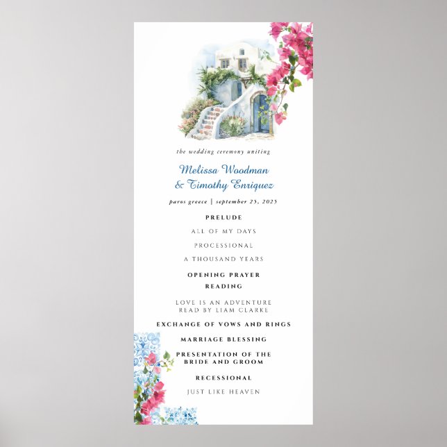 Poster Floral Azulejo Azul | Programa de Casamento de Gré (Frente)