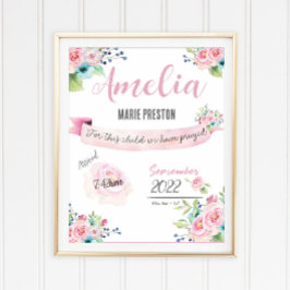 Poster Floral Baby Girl Watercolor Statistics Pink