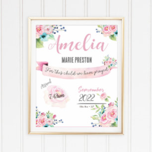 Poster Floral Baby Girl Watercolor Statistics Pink