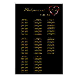 Póster Floral Black Heart Wedding Seating Plan 8 Tables
