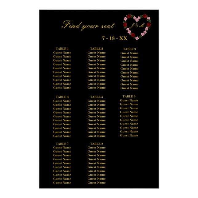 Póster  Floral Black Heart Wedding Seating Plan 8 Tables (Frente)