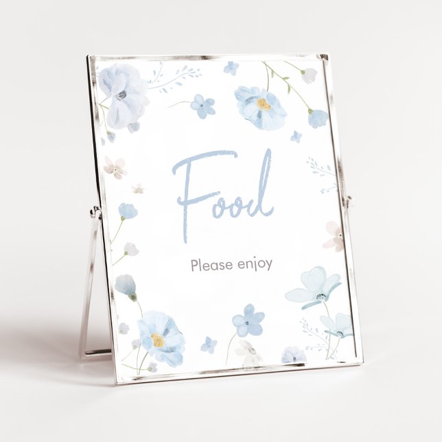 Poster Floral Blue Primavera Baby in BloChá de fraldas Co (Blue Spring Floral Baby in Bloom Baby Shower Food Sign)