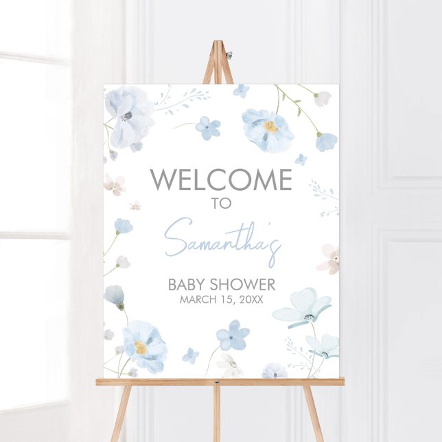 Poster Floral Blue Primavera Baby in Bloom Welcome (Blue Spring Floral Baby in Bloom Baby Shower Welcome Sign)