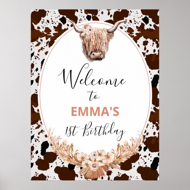 Poster Floral Boho Highland Cow Birthday (Frente)