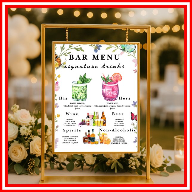 Poster Floral Boho Wildflower Bar Menu Wedink Sign (Criador carregado)