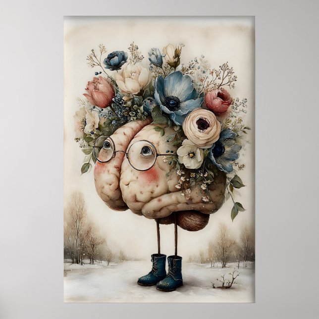 Poster Floral Brain Print, Botanical Brain Illustration (Frente)