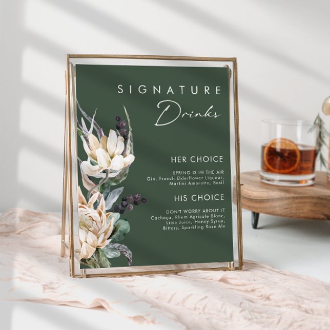 Poster Floral Branco | Bebidas Assinadas Verde Escuro Pla (Criador carregado)