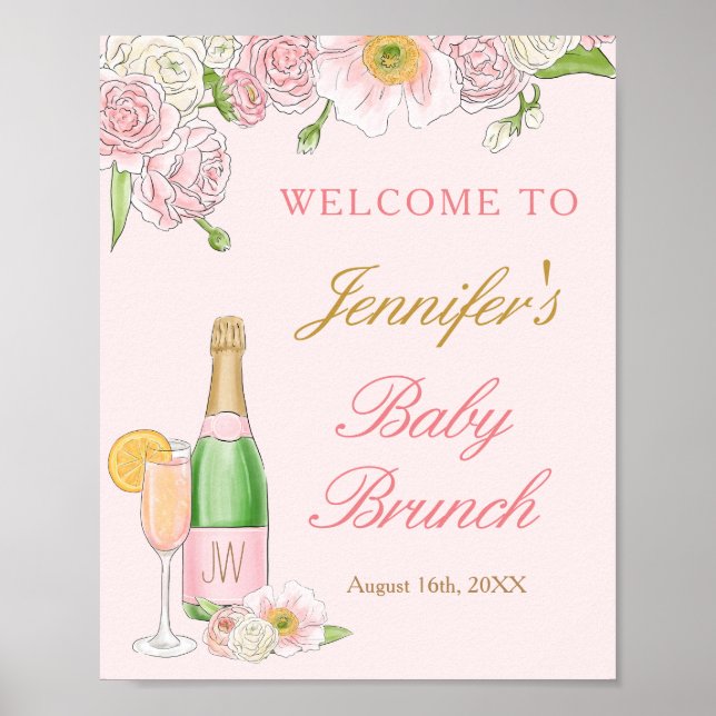 Poster Floral Brunch e Bubble Baby Brunch Welcome Poste (Frente)