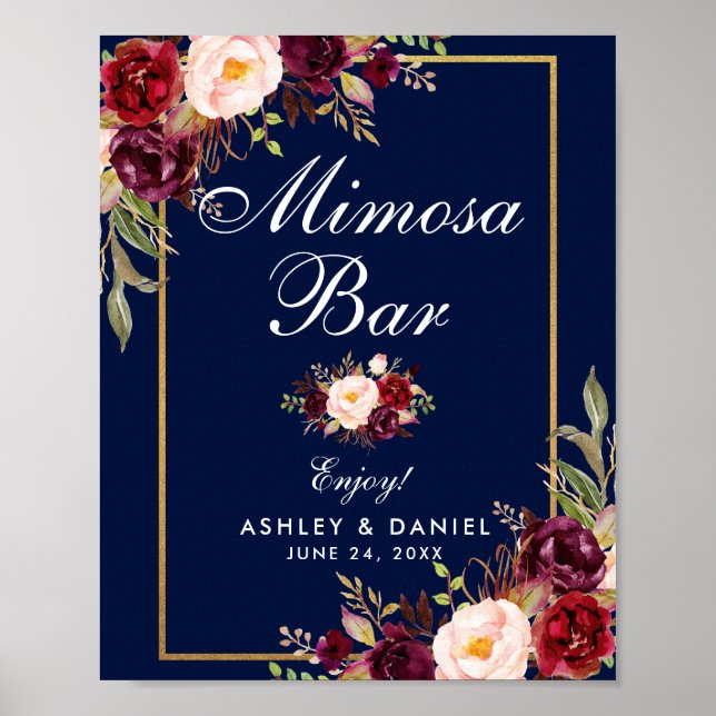 Poster Floral Burgundy Blue Dourado Casamento Mimosa Bar (Frente)
