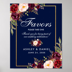Poster Floral Burgundy Blue Gold Wedding Favors