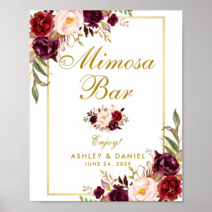 Poster Floral Burgundy Dourada Casamento Mimosa Bar