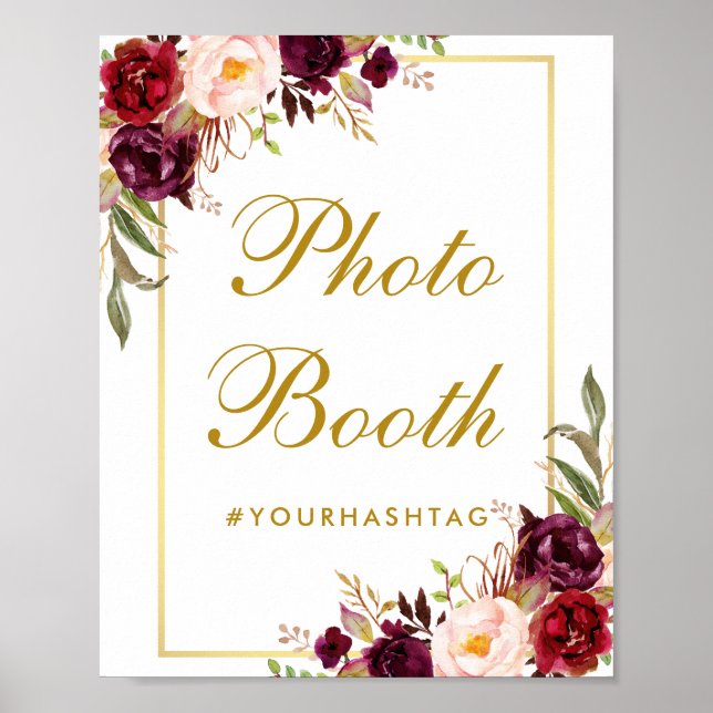 Poster Floral Burgundy Dourada Foto Booth (Frente)