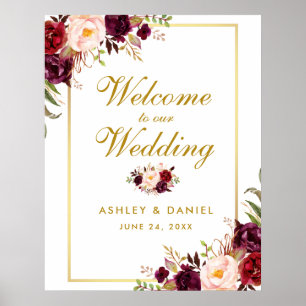 Poster Floral Burgundy Gold Wedding Welcome 22x28
