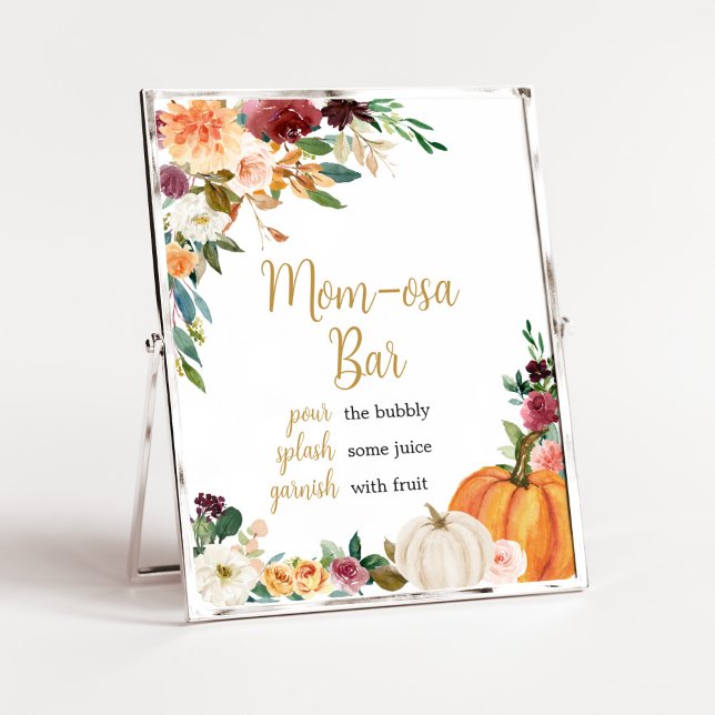 Poster Floral Burgundy Pumpkin Chá de fraldas Mãe Bar Osa (Pumpkin Baby Shower Mom Osa Bar Sign)