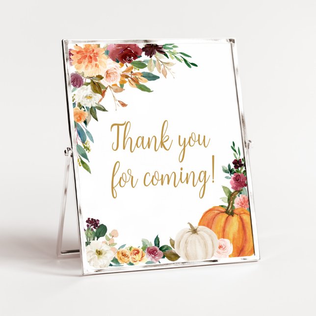 Poster Floral Burgundy Pumpkin Obrigado por vir (Pumpkin Baby Shower Thank you for Coming Sign)