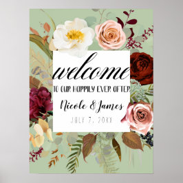 Poster Floral Campestre Verde Rústico de Casamento Bem-vi