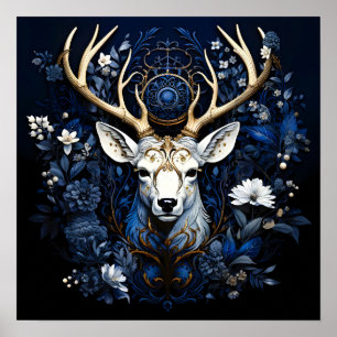 Poster Floral Celestial Gótico de Meia-Noite do Cervo