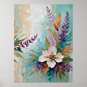 Poster Floral colorido achatado em branco bege azul