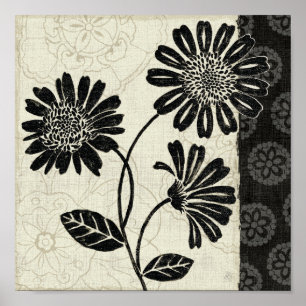 Póster Floral contemporâneo em preto e branco