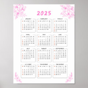 Poster Floral cor-de-rosa com calendário de parede