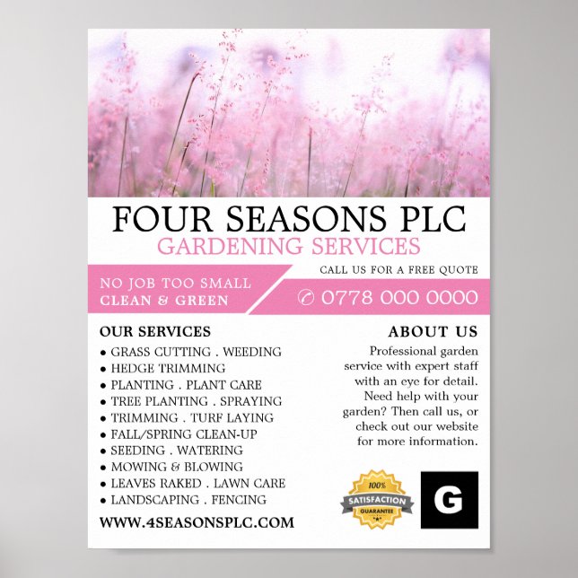 Poster Floral cor-de-rosa, Serviço de Jardinagem, Horticu (Frente)