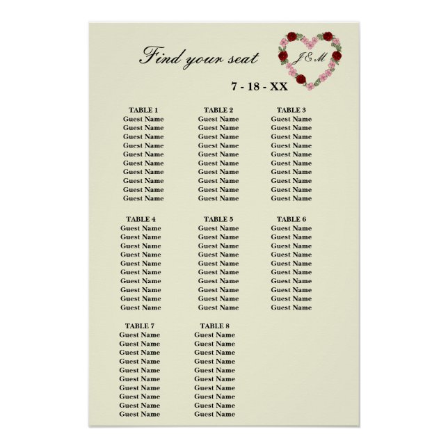 Póster  Floral Cream Heart Wedding Seating Plan 8 Tables (Frente)