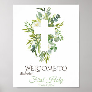 Poster Floral Cross deixa Primeira Comunhão Sagrada