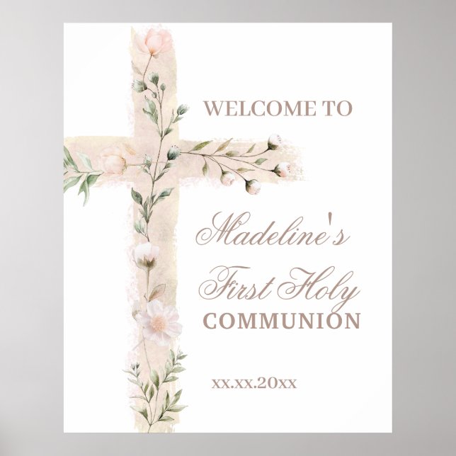 Poster floral cross First Communion welcome sign (Frente)
