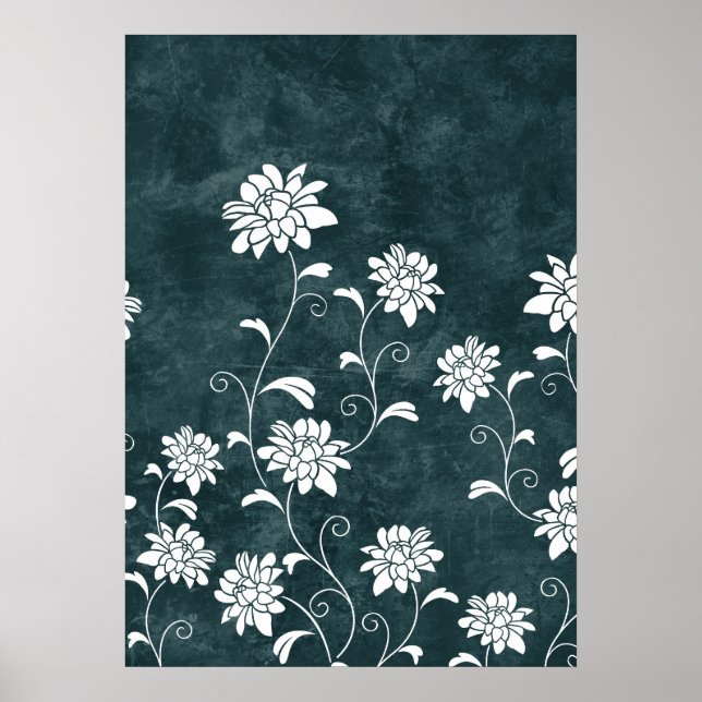 Póster Floral damask azul e flores brancas - chic (Frente)