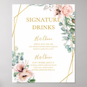 Poster Floral de Blush Elegante Signature Drinks Sign