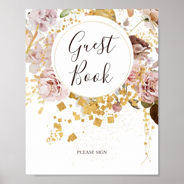 Poster Floral de Blush Moderno | Sinal do livro convidado (Frente)