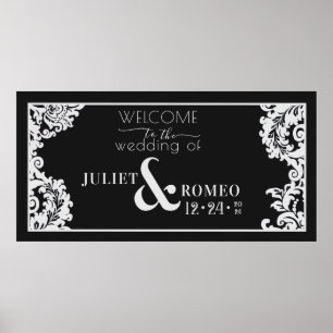Poster Floral de Damasco Elegante Branco e Preto Moderno