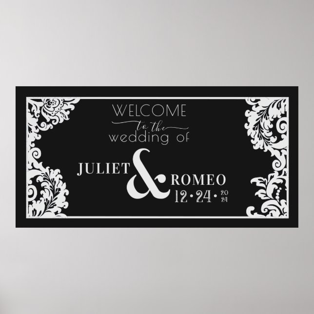 Poster Floral de Damasco Elegante Branco e Preto Moderno (Frente)