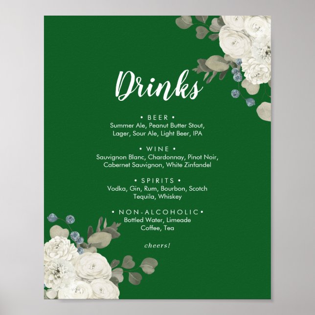 Poster Floral de inverno|Sinal de menu Bebidas Nuptivas V (Frente)