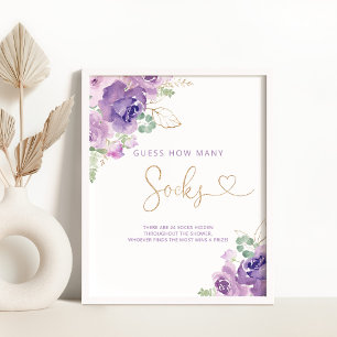 Poster floral de ouro roxo Quantos jogos de chá de fralda