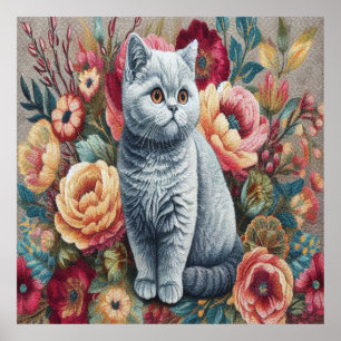 Poster Floral Delight British Shorthair Cat, Gatinho Cute