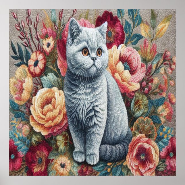 Poster Floral Delight British Shorthair Cat, Gatinho Cute (Frente)