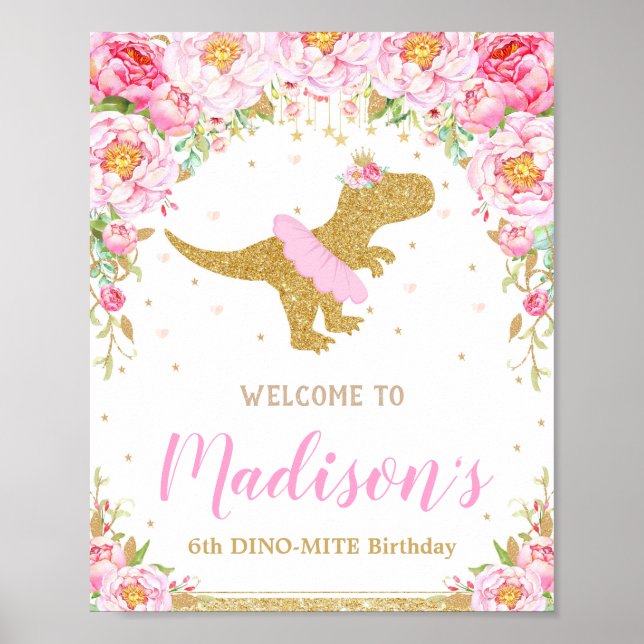 Poster Floral Dinossaur Bem-vindo Banner de Sinal de Aniv (Frente)