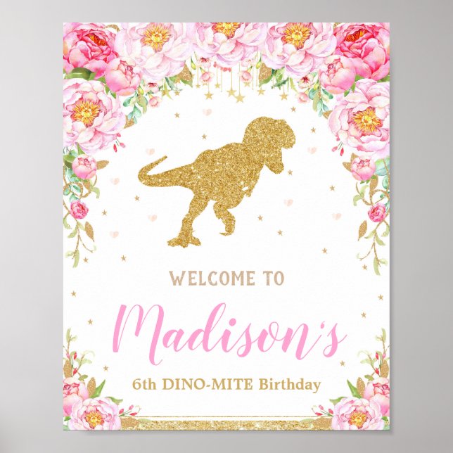 Poster Floral Dinossaur Bem-vindo Banner de Sinal de Aniv (Frente)
