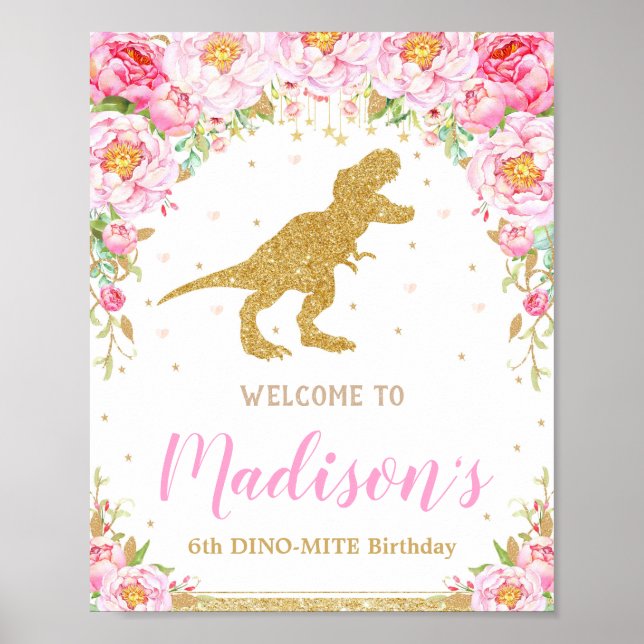 Poster Floral Dinossaur Bem-vindo Banner de Sinal de Aniv (Frente)