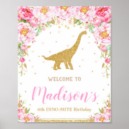 Poster Floral Dinossaur Bem-vindo Sinal de Aniversário Br