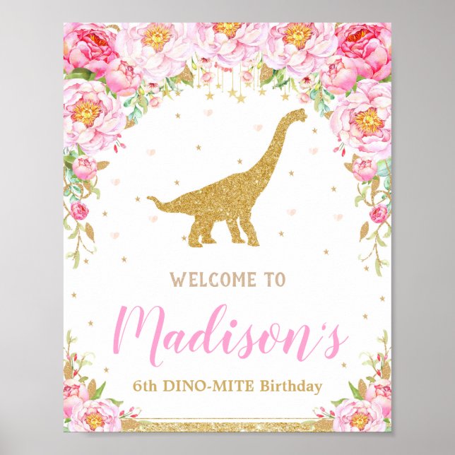 Poster Floral Dinossaur Bem-vindo Sinal de Aniversário Br (Frente)
