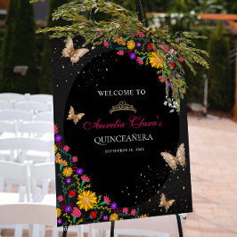 Poster Floral Dourada Tiara Butterfly Mis Quinceañera