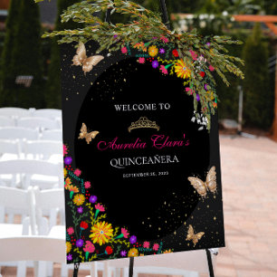 Poster Floral Dourada Tiara Butterfly Mis Quinceañera