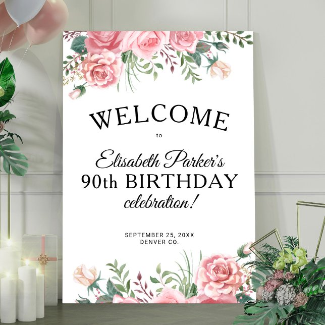 Poster Floral elegant 90th birthday party welcome  (Criador carregado)