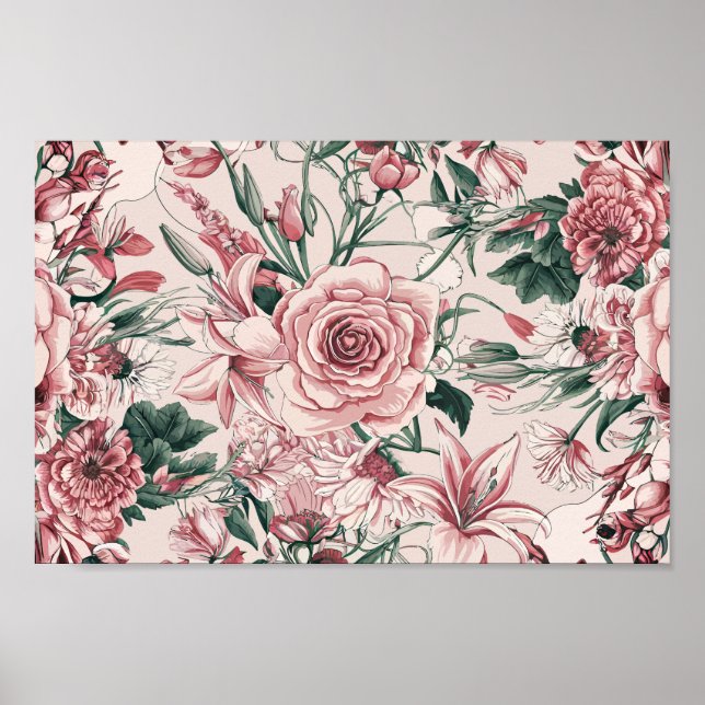 Poster Floral Elegante com Rosas, lírios e crisânimo (Frente)