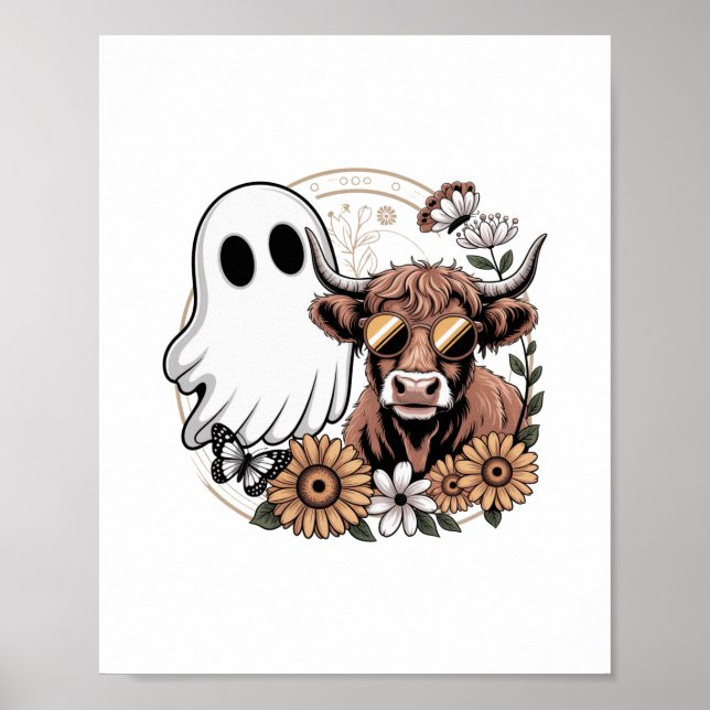 Poster Floral Fall Highland Cow Ghost (Frente)