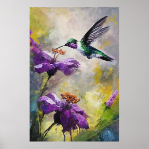 Poster Floral Fantasy Hummingbird Entre Pétalas Roxas