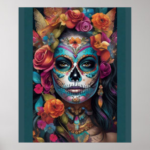 Poster Floral Fiesta: Mulher Abraça Dia de los Muertos
